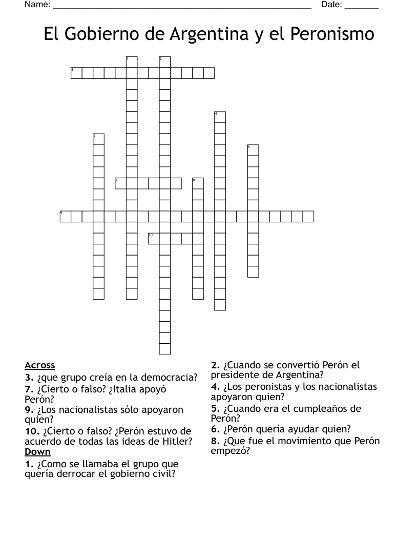 El Gobierno de Argentina y el Peronismo Crossword