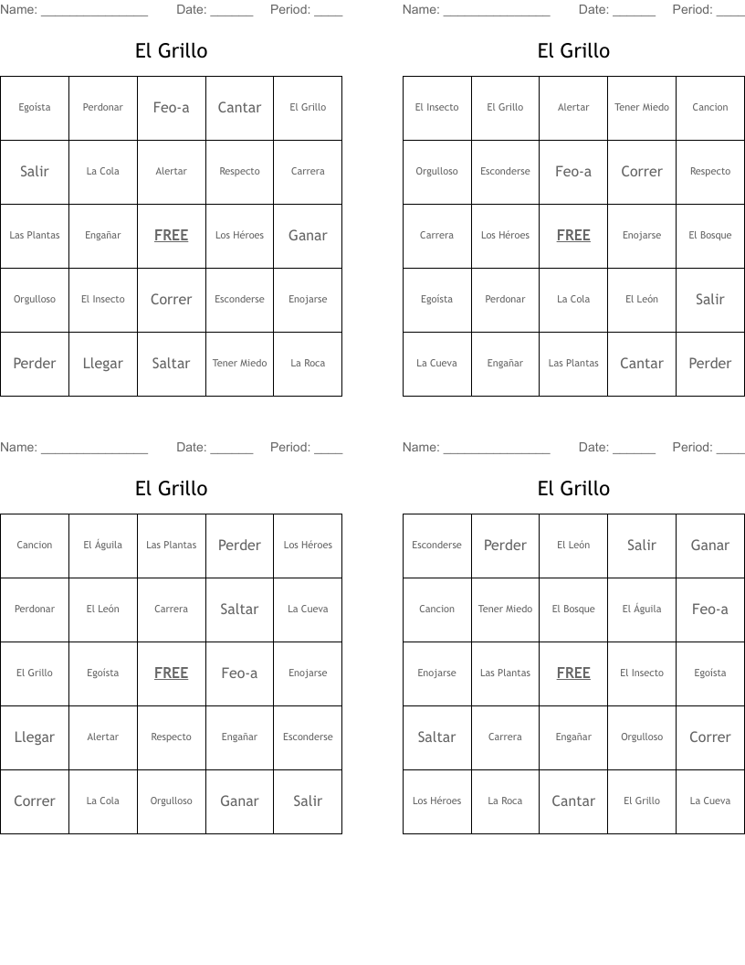 El Grillo Bingo Cards