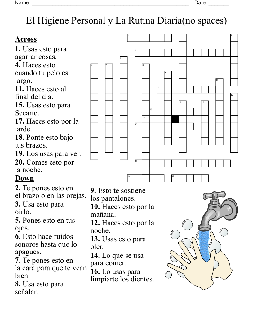 El Higiene Personal y La Rutina Diaria(no spaces) Crossword