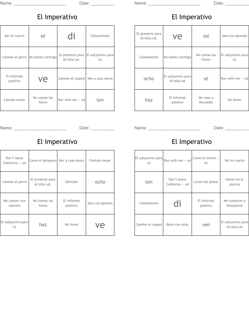 El Imperativo Bingo Cards