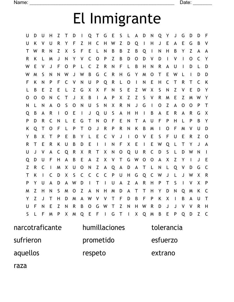 El Inmigrante  Word Search