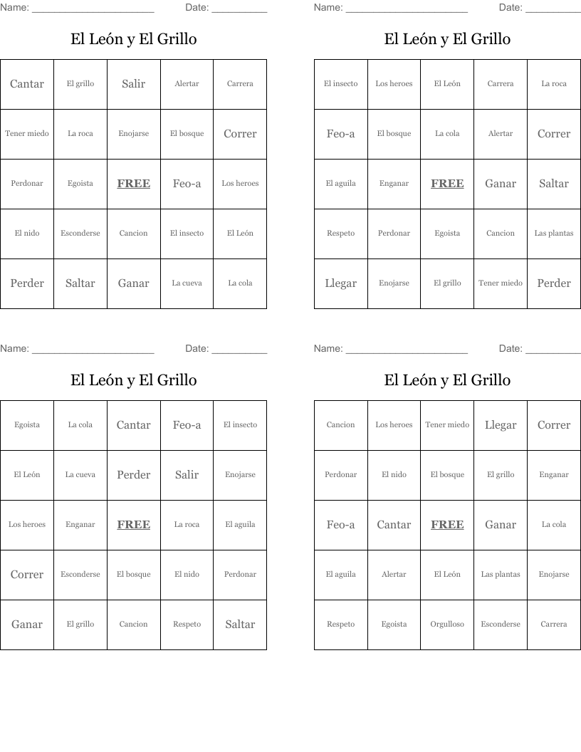 El León y El Grillo Bingo Cards