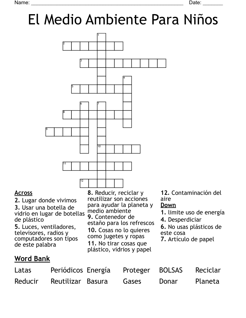 El Medio Ambiente Para Niños  Crossword