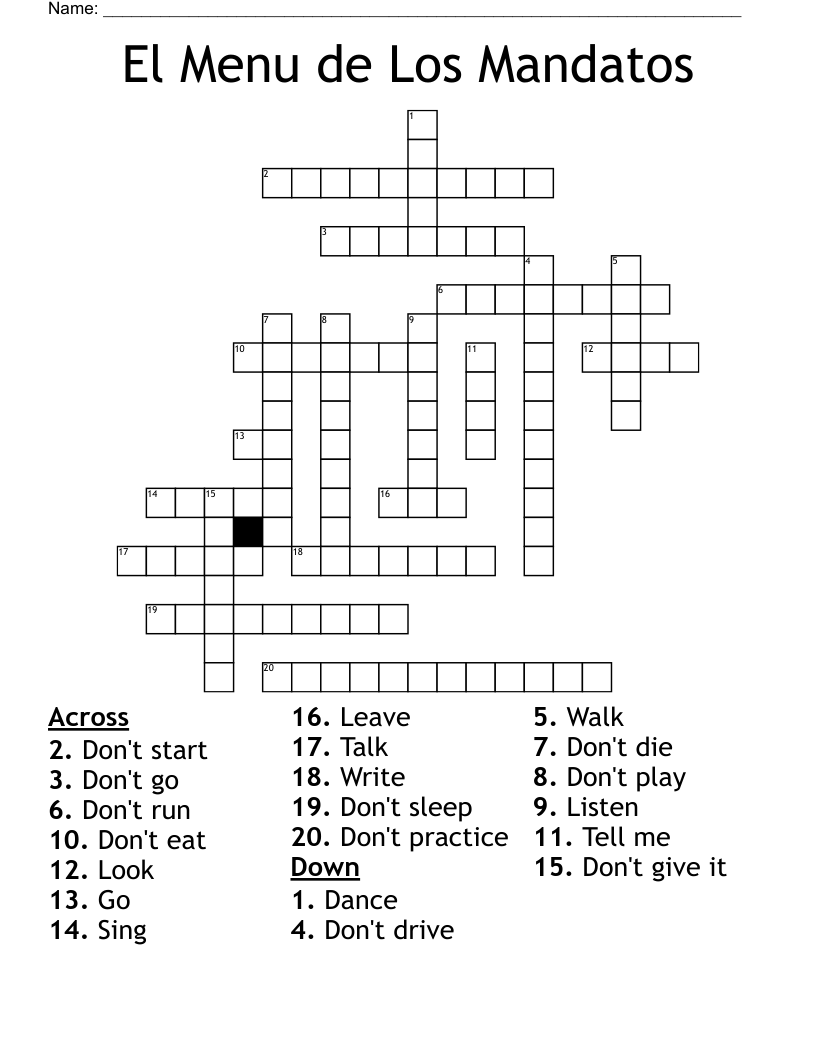 El Menu de Los Mandatos Crossword