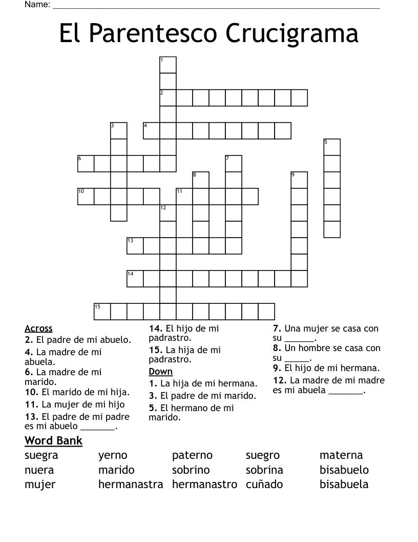 El Parentesco Crucigrama Crossword
