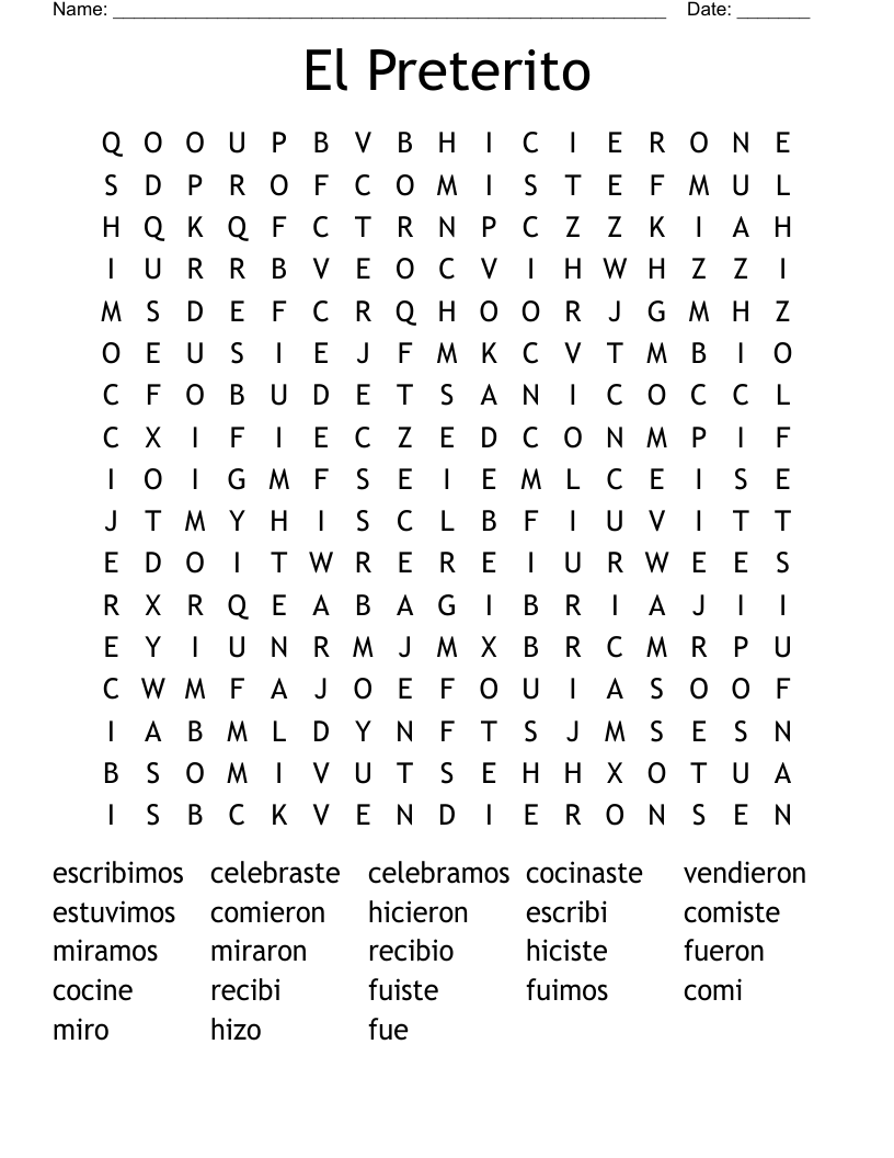 El Preterito Word Search