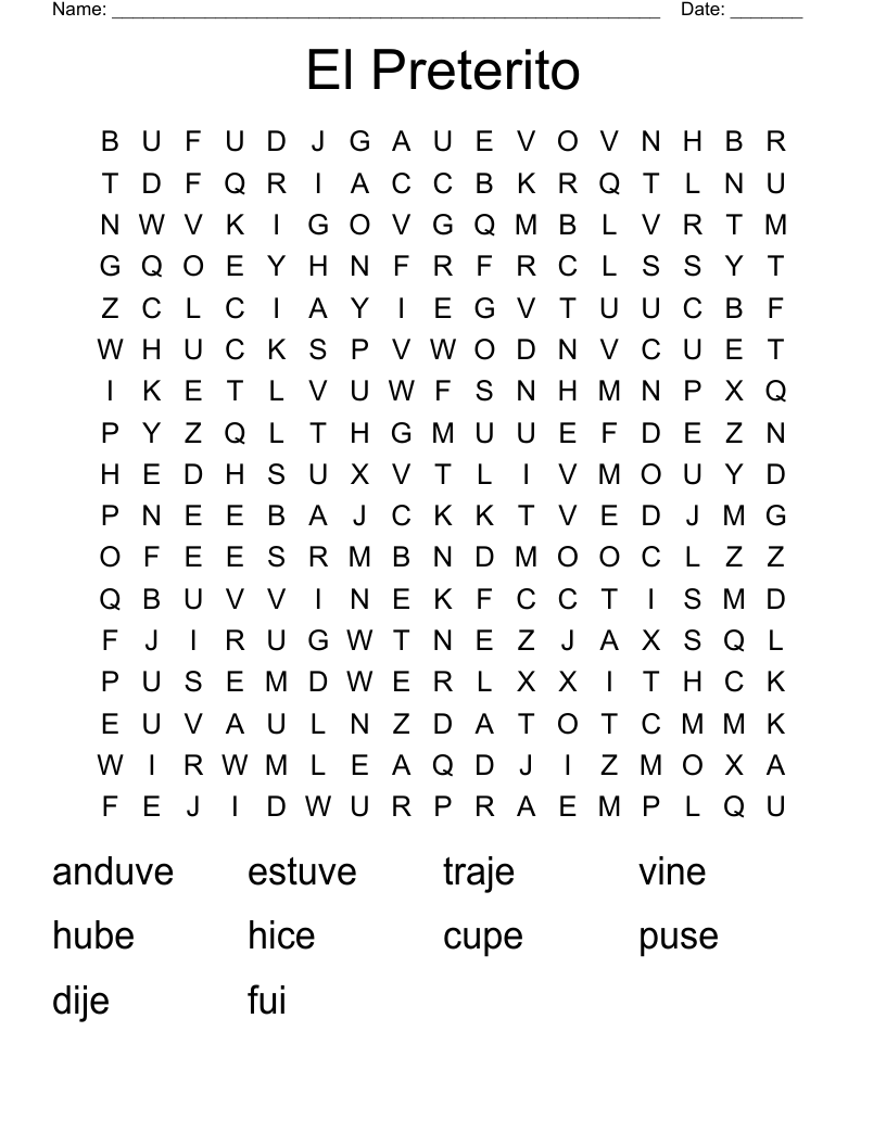 El Preterito Word Search
