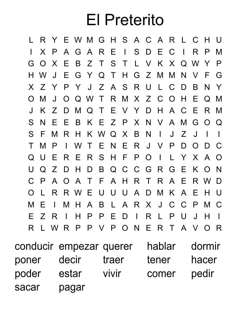 El Preterito  Word Search