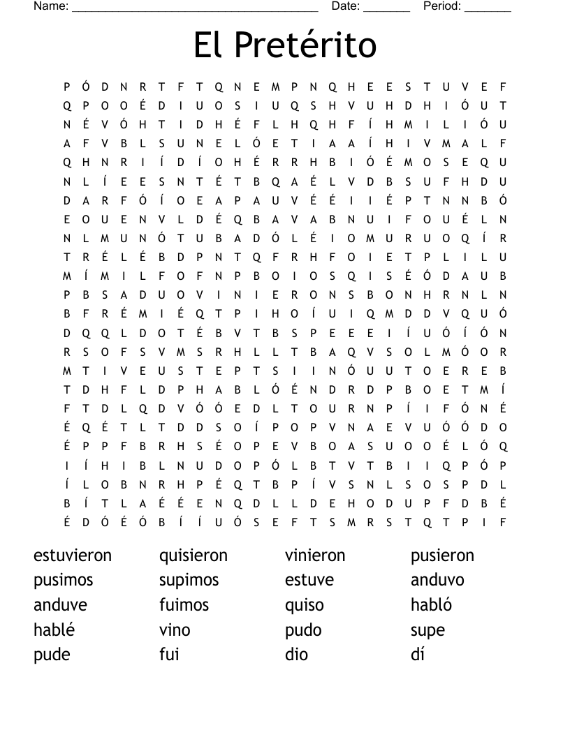 El Pretérito Word Search