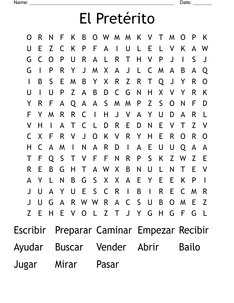 El Pretérito Word Search