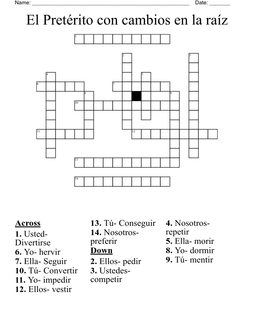 El Pretérito con cambios en la raíz Crossword