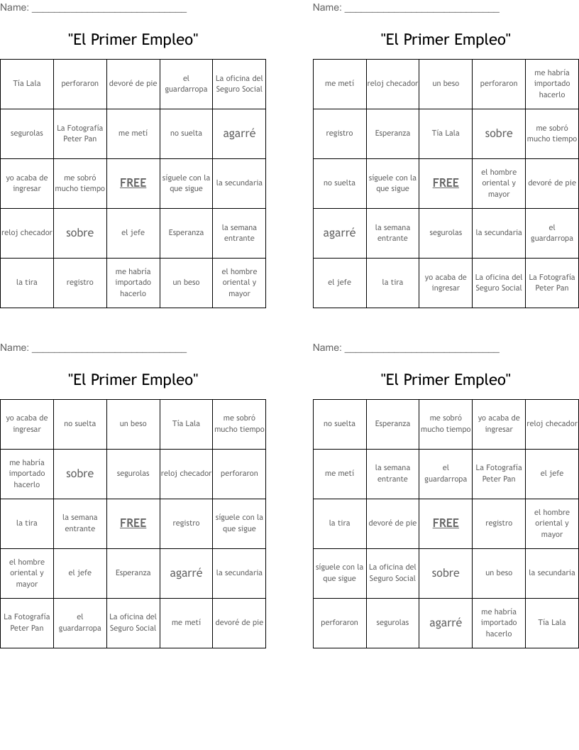 "El Primer Empleo" Bingo Cards