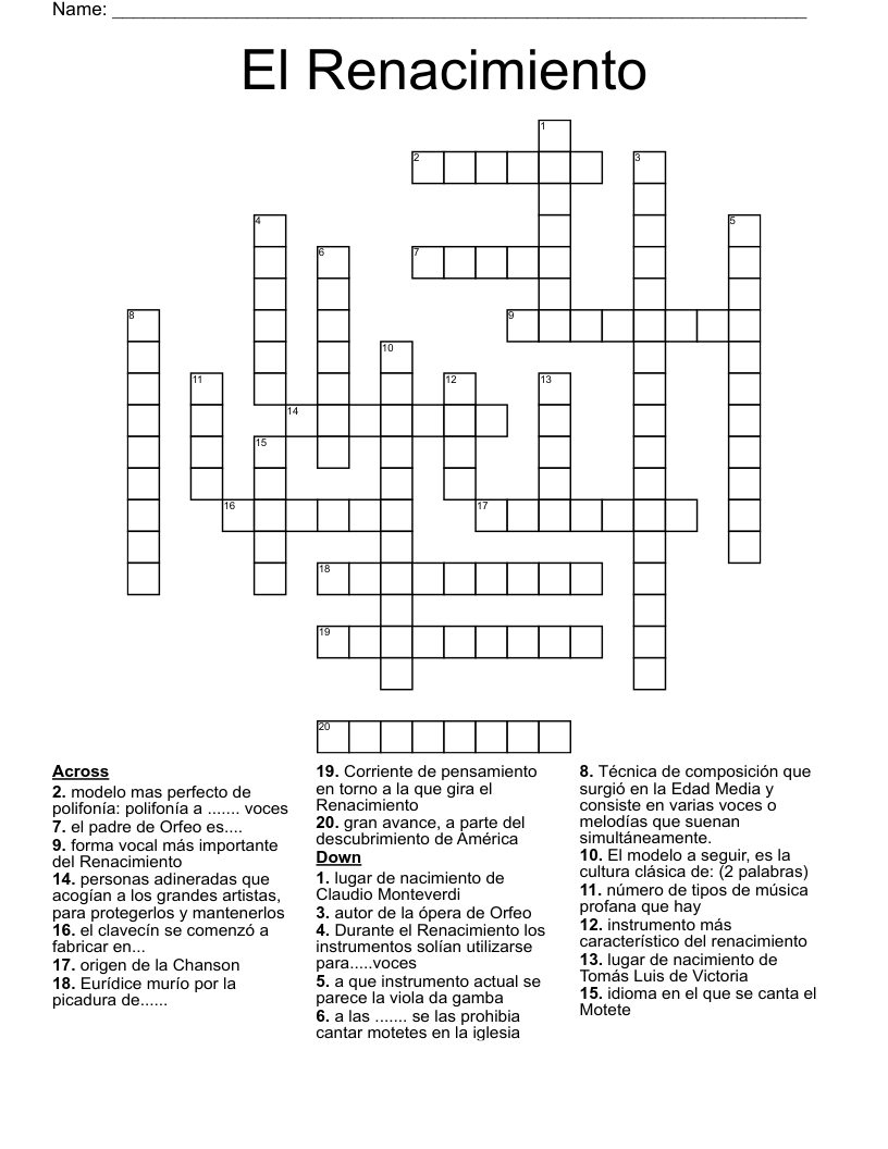 El Renacimiento Crossword