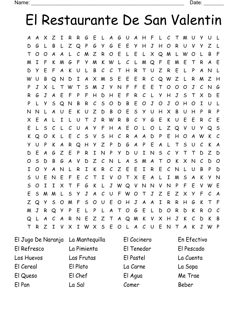 El Restaurante De San Valentin Word Search
