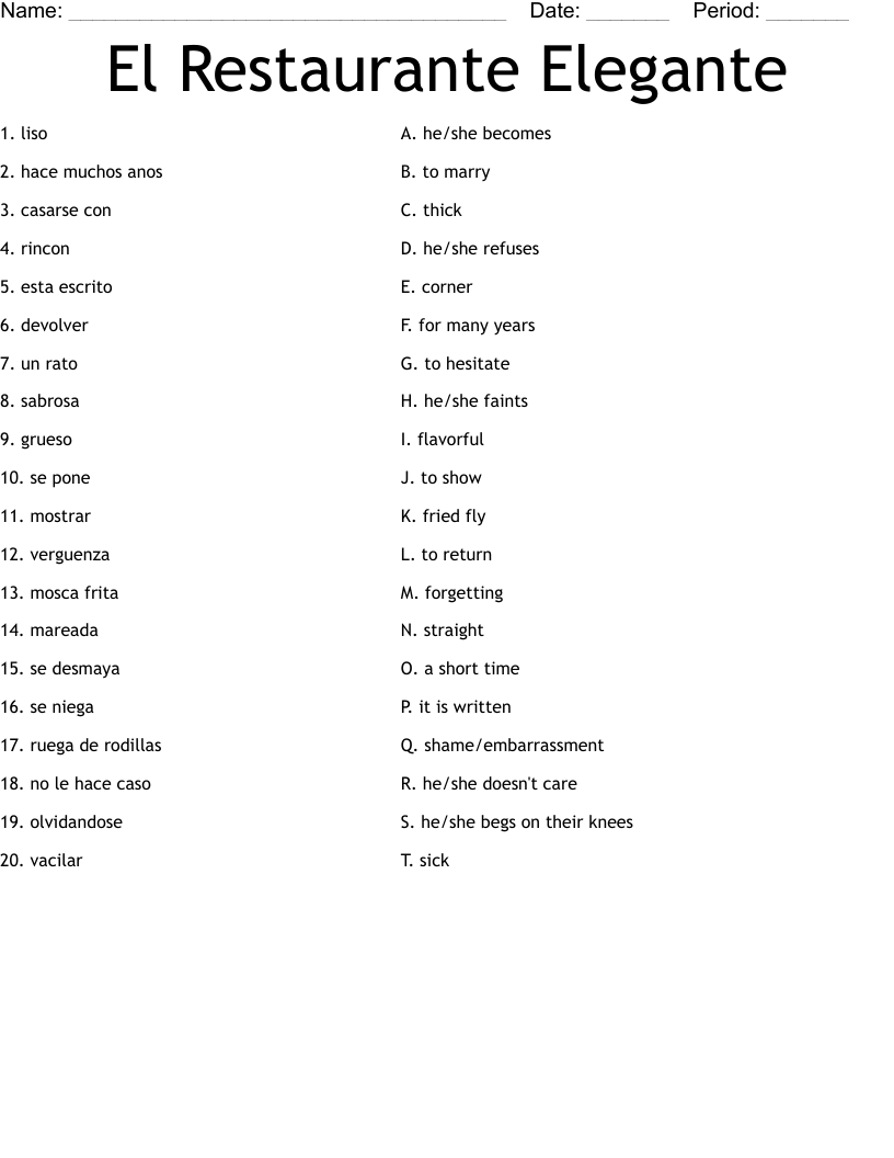 El Restaurante Elegante Worksheet