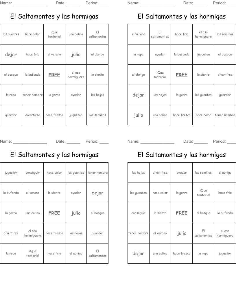 El Saltamontes y las hormigas  Bingo Cards