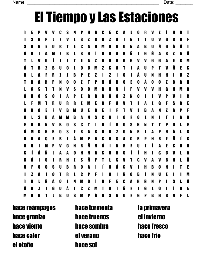 El Tiempo y Las Estaciones Word Search