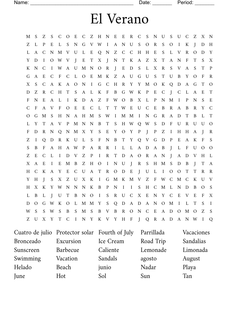 El Verano  Word Search