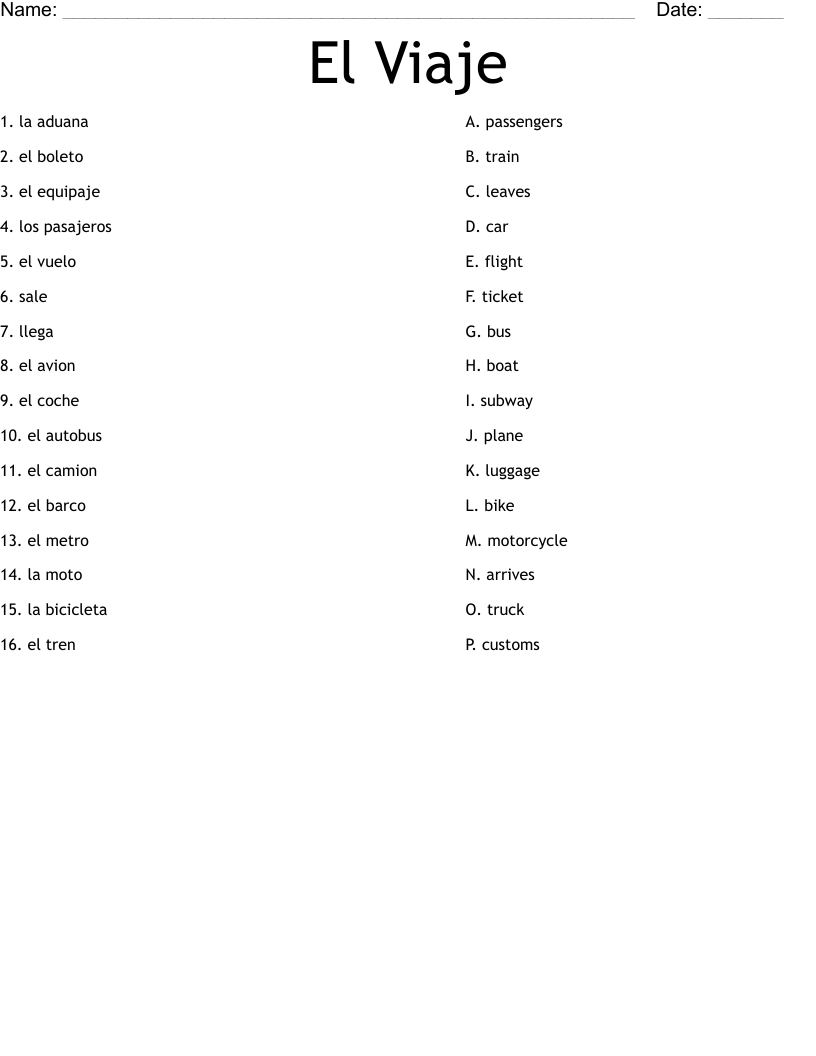 El Viaje Worksheet