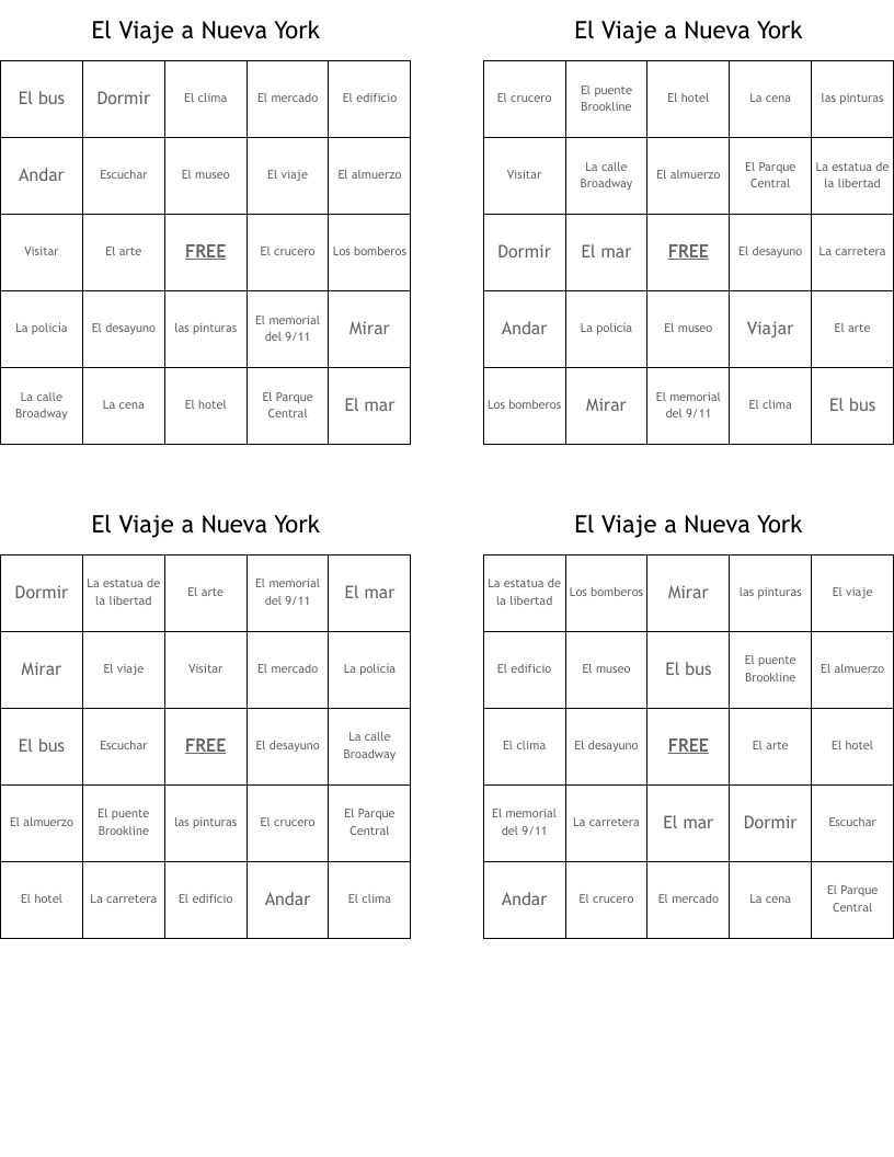 El Viaje a Nueva York Bingo Cards