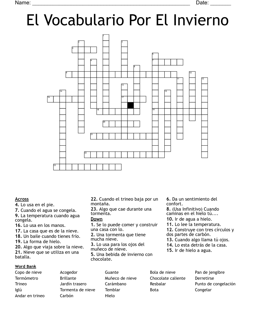El Vocabulario Por El Invierno Crossword