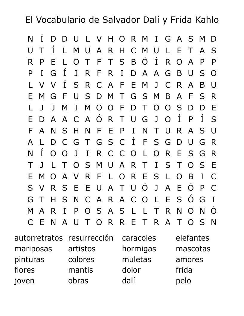 El Vocabulario de Salvador Dalí y Frida Kahlo Word Search