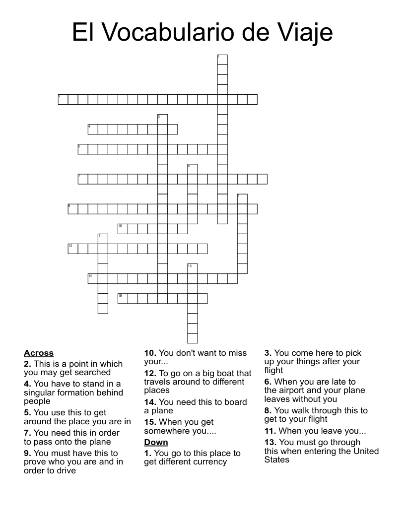 El Vocabulario de Viaje Crossword