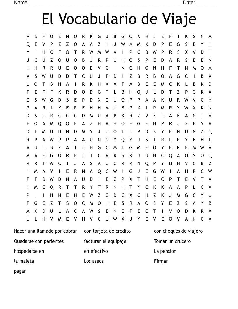 El Vocabulario de Viaje Word Search