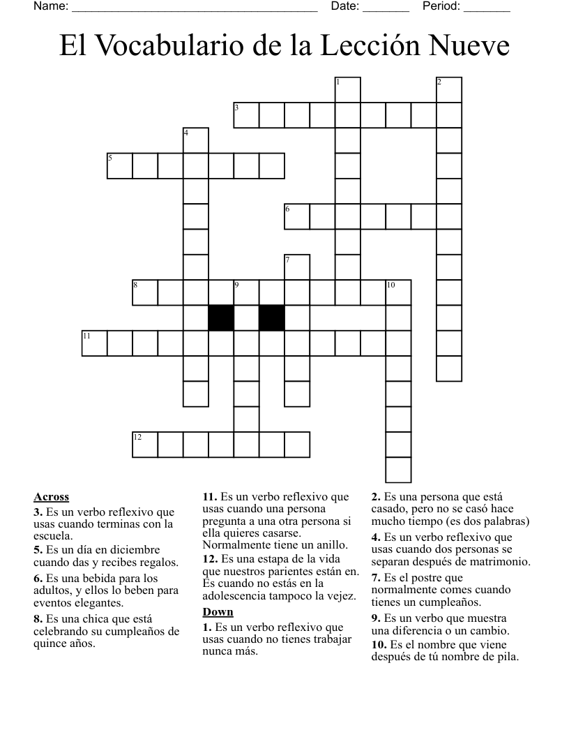 El Vocabulario de la Lección Nueve Crossword