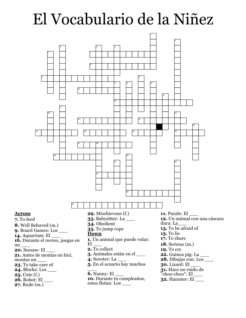 El Vocabulario de la Niñez Crossword