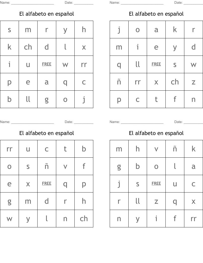 El alfabeto en español Bingo Cards