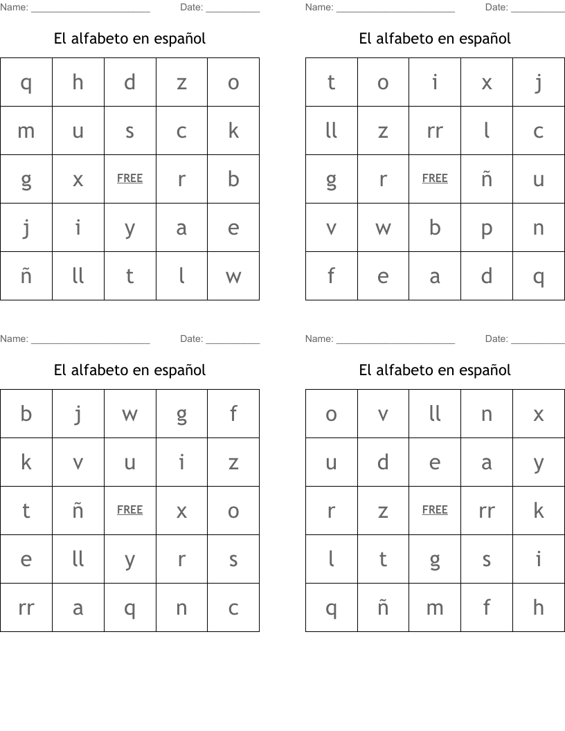 El alfabeto en español Bingo Cards