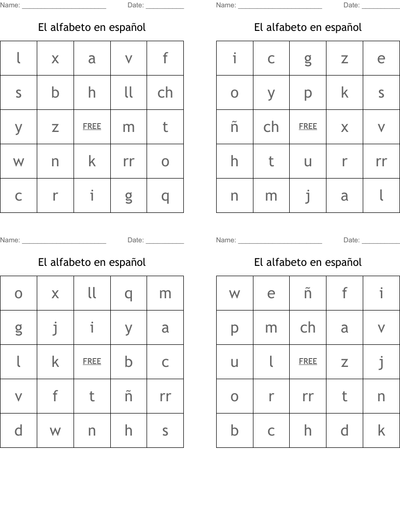 El alfabeto en español Bingo Cards