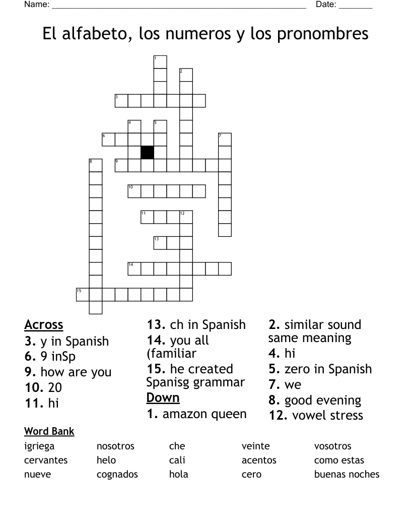 El alfabeto, los numeros y los pronombres Crossword