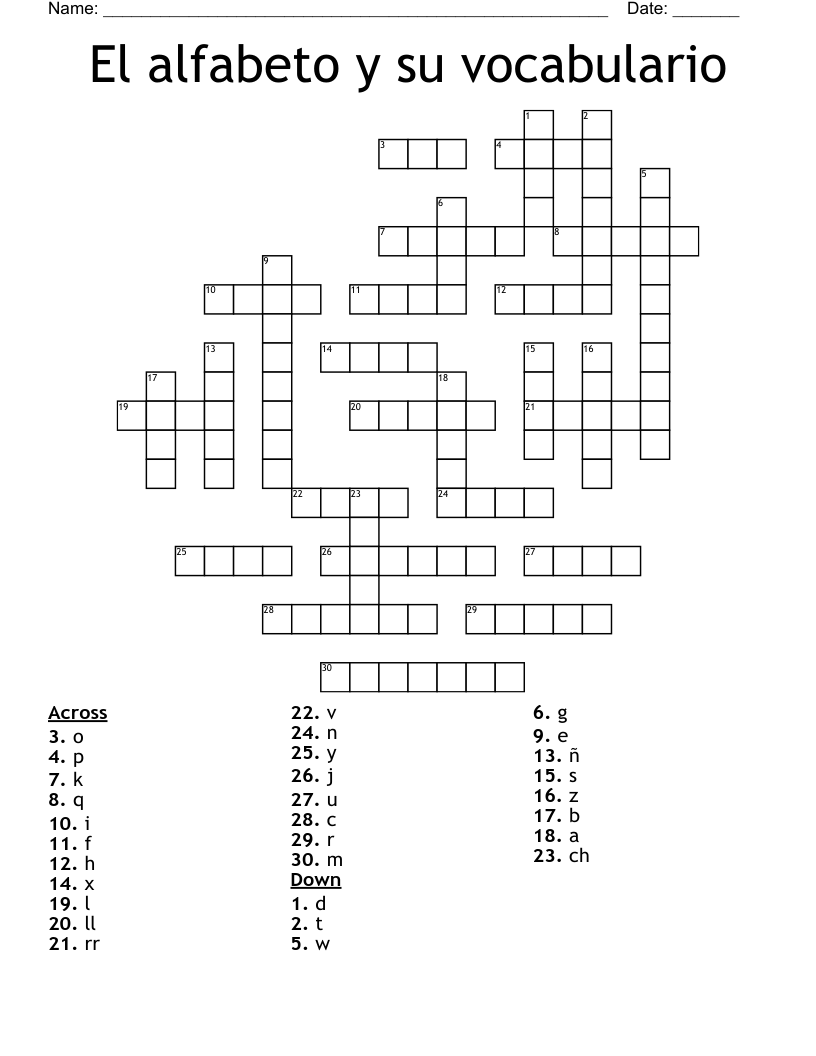 El alfabeto y su vocabulario Crossword