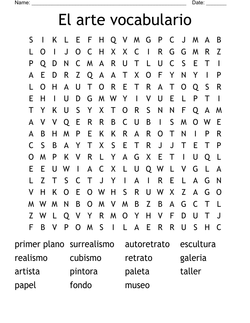 El arte vocabulario Word Search