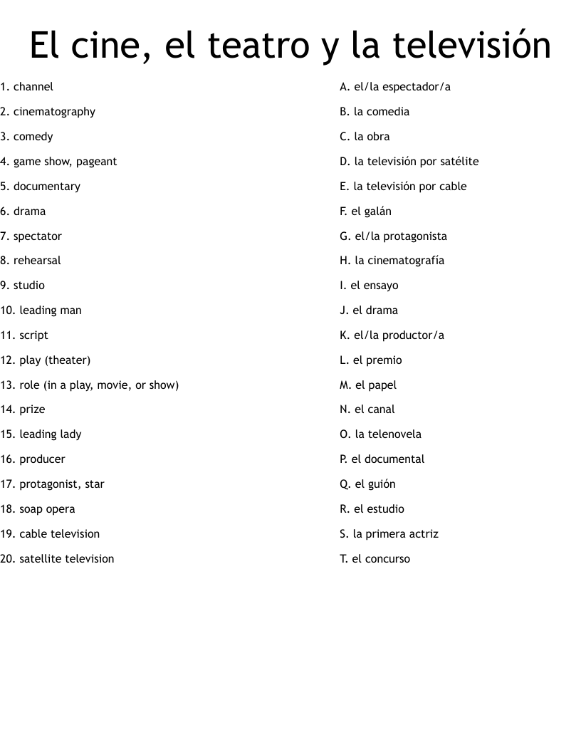 El cine, el teatro y la televisión Worksheet