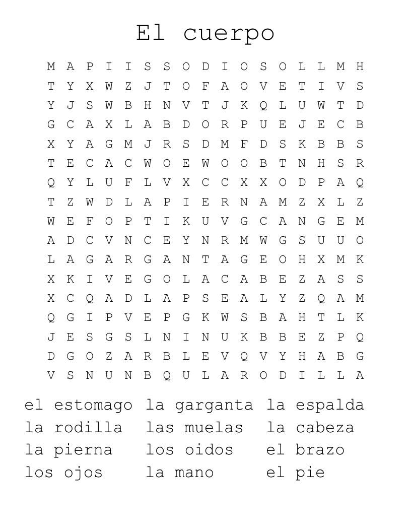 El cuerpo Word Search