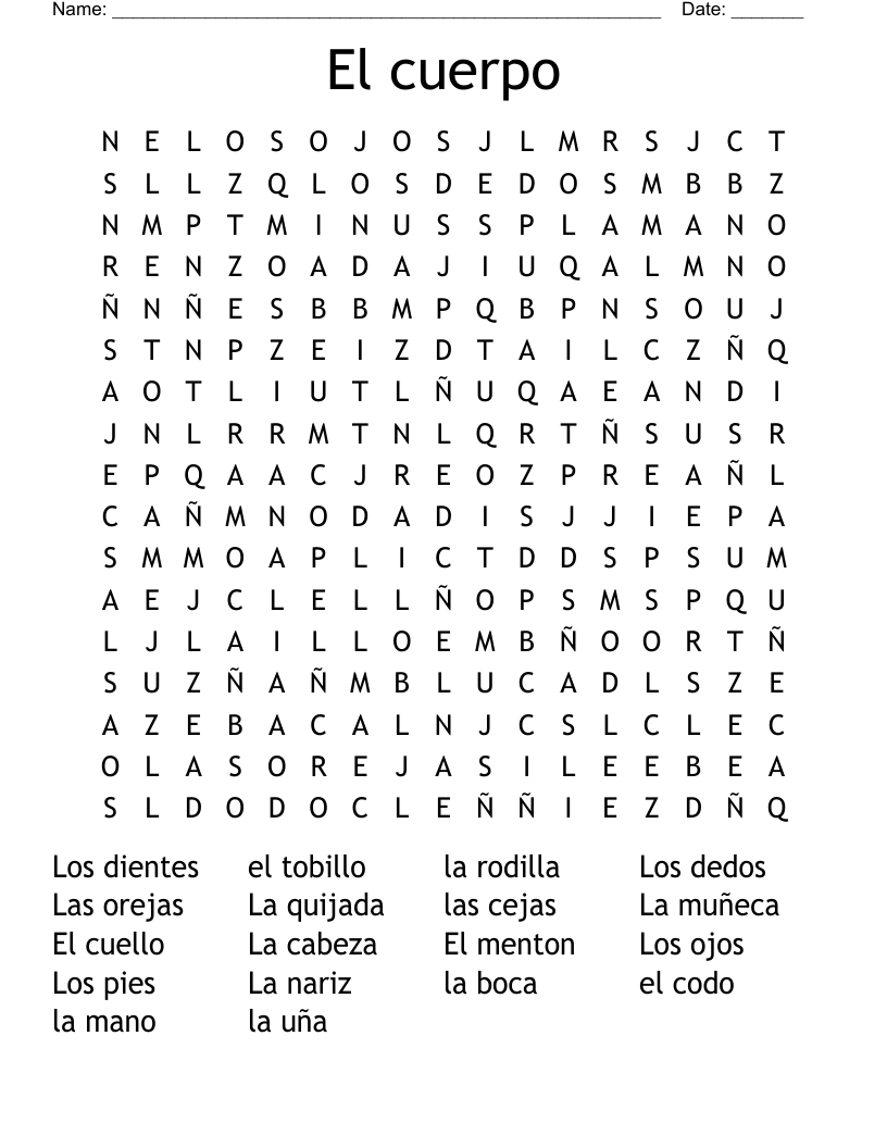 El cuerpo Word Search