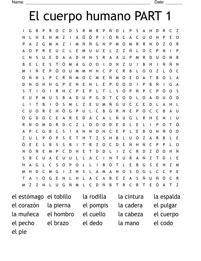 El cuerpo humano PART 1 Word Search