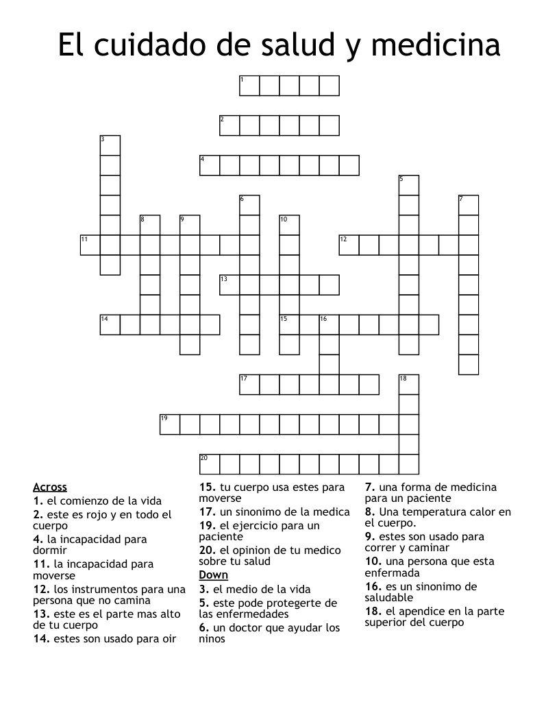 El cuidado de salud y medicina Crossword