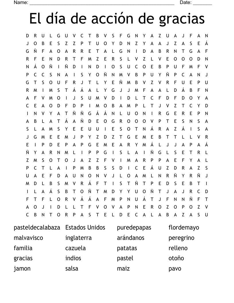 El día de acción de gracias Word Search