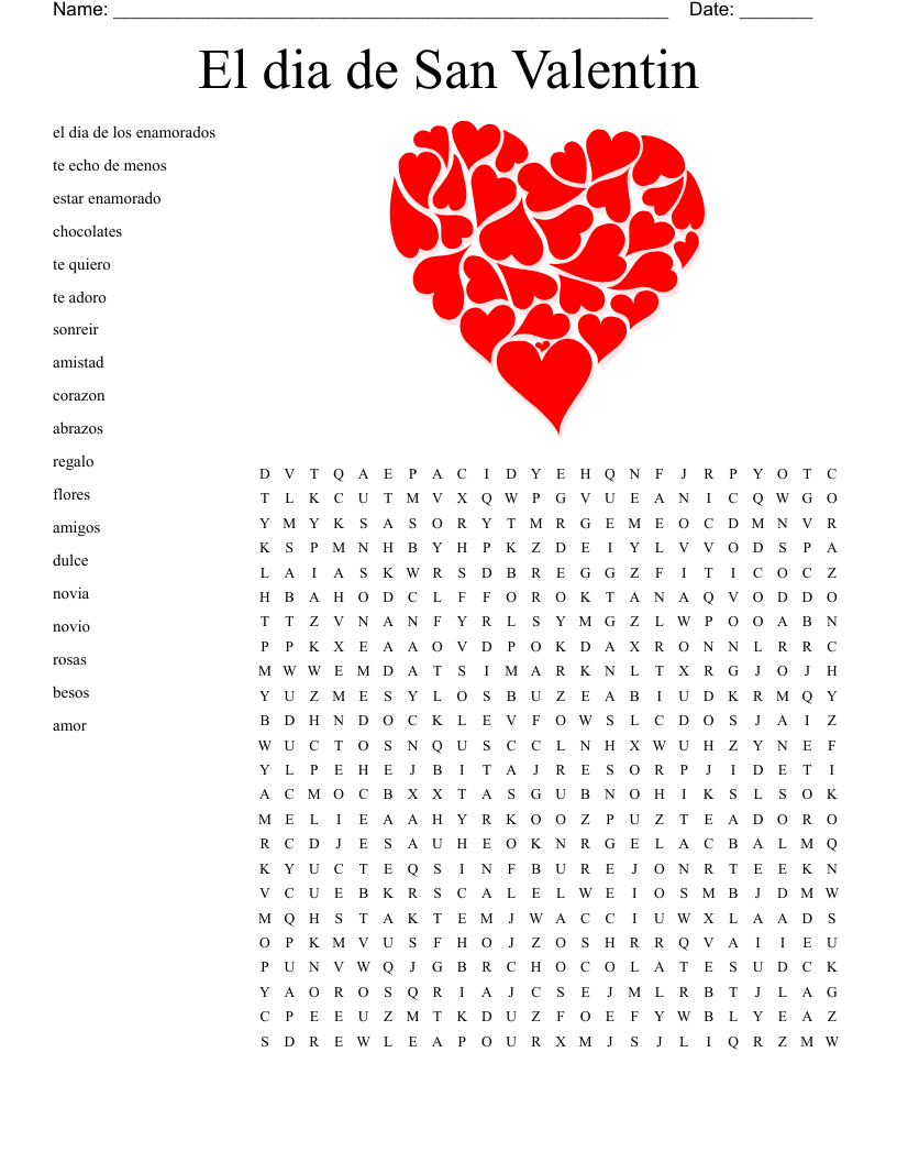 El dia de San Valentin Word Search
