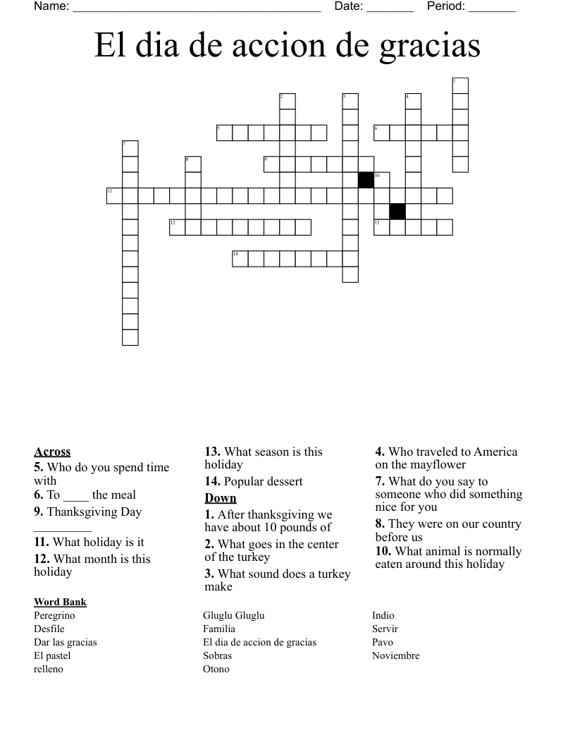 El dia de accion de gracias Crossword