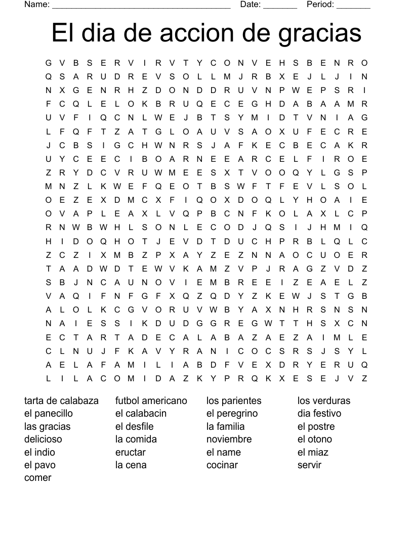 El dia de accion de gracias Word Search