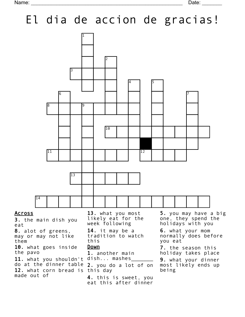 El dia de accion de gracias! Crossword