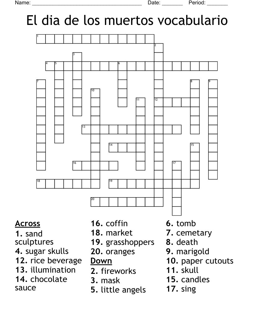 El dia de los muertos vocabulario Crossword