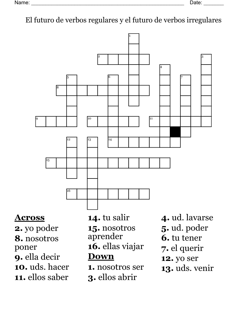 El futuro de verbos regulares y el futuro de verbos irregulares Crossword