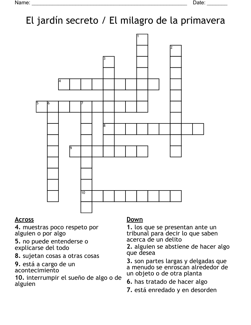 El jardín secreto / El milagro de la primavera Crossword