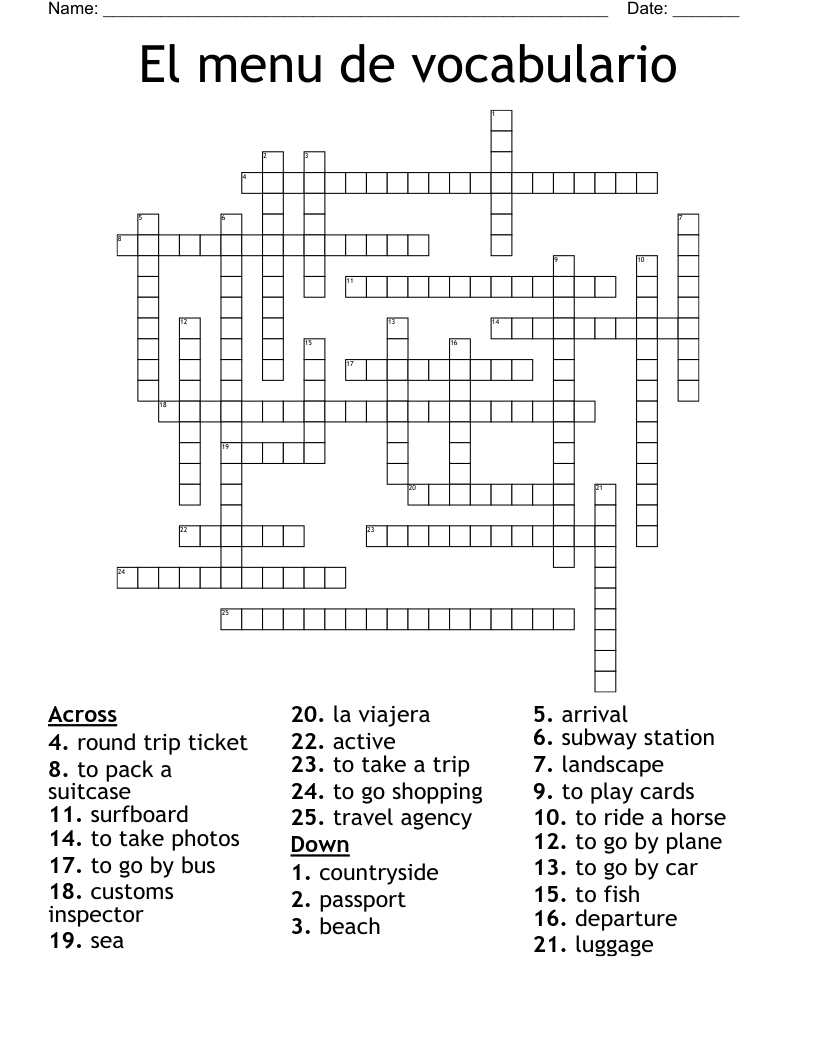 El menu de vocabulario Crossword